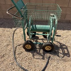 Metal Garden Hose Reel Cart  with Storage Basket (LxWxH: 34” x 20” x 34”)