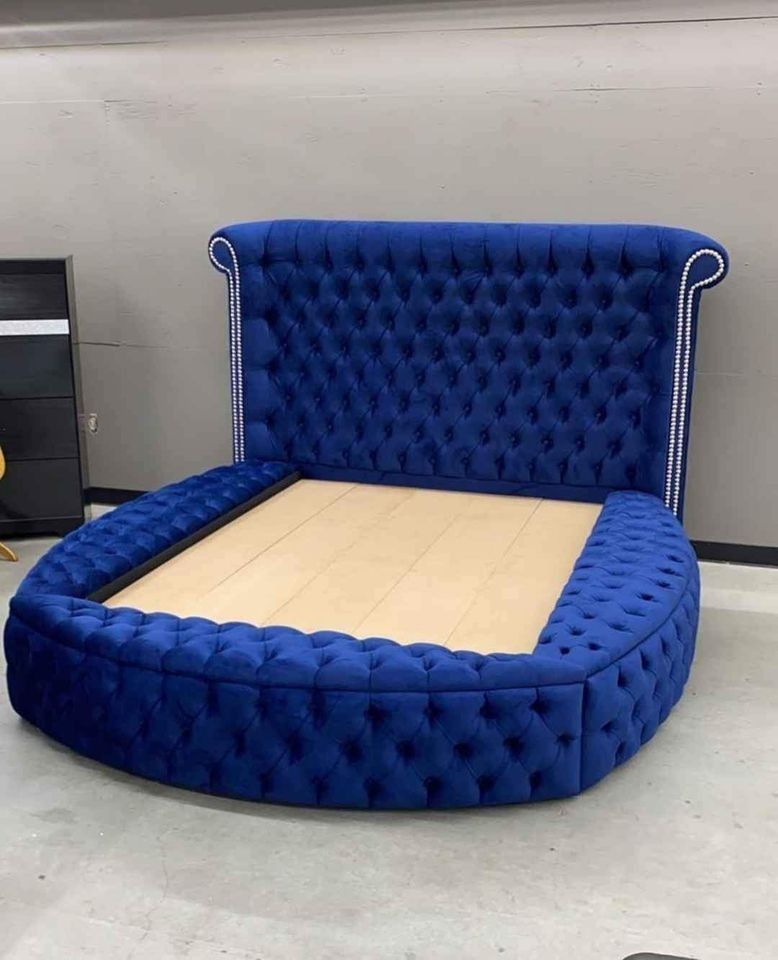 Sansom Blue Upholstered Velvet Queen Size Bed In Stock NEW