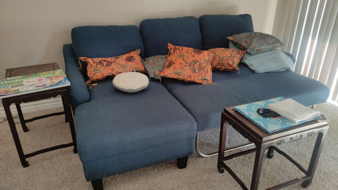 Ashley's Furnitures Used Just A Month, Dinning Table Set, Queen Bed+ Mattress, Small blue Couch