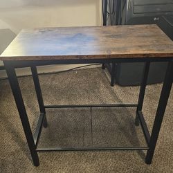 Bar Table / Side Table, brown engineered wood top, black metal frame, mesh storage shelf