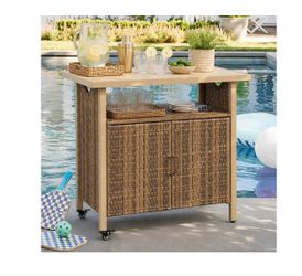 Outdoor Bar Table with Storage Cabinet, Patio Serving Cart with Wheels, Wicker Bar Cart and Grill Cart Prep Station, Rolling