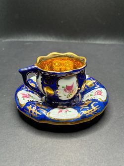 Vintage Miniature Demitasse Cup & Saucer Set - Cobalt Blue & Heavy Gold Gilt, Hand-Painted Floral Cabinet Porcelain, Unmarked