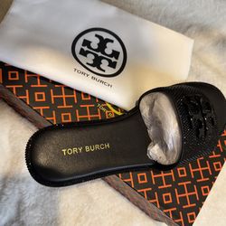 Tory Burch Everly rhinestone slides in black
