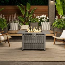 43'' 50,000 BTU Retangular Outdoor Gas Propan Fire Pit Table in Brown Wicker with Removable Lid and Waterproof Cover