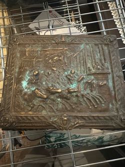 Antique Bronze Plaque, Hand Embossed With Racing Carriages & Horses box