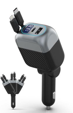 87W Retractable Car Charger, 4-in-1 Fast USB C Charging Car Adapter with 45W Type C Cable for iPhone 17/16 Pro Max & Samsung, 12W Lightning Cable for 