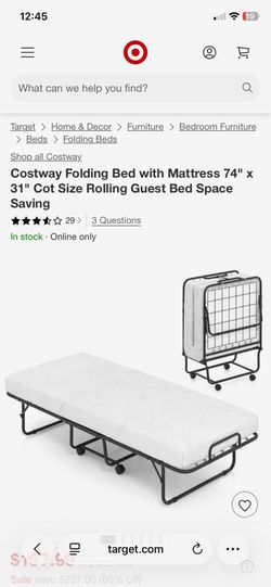Folding Bed with Mattress 74" x 31" Cot Size Rolling Guest Bed Space Saving
