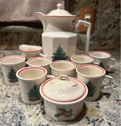 Festive Holiday Ceramic Tea/Coffee Serving Set with Covered Sugar Bowl