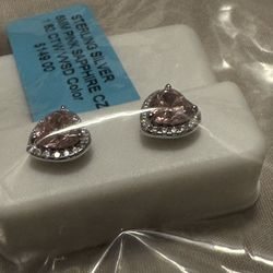 MSRP $149 Sterling Silver Pink Sapphire CZ Heart Shaped Earrings, Moissanite 6mm