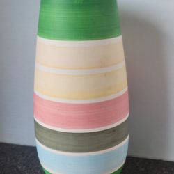 Vintage 1980s Unglazed Handpainted Ceramic Striped Vase 10" Tall