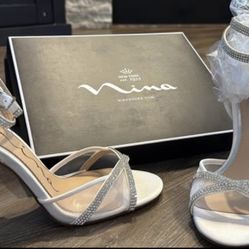 Brand New Size 7.5 White And Silver Nina Heels