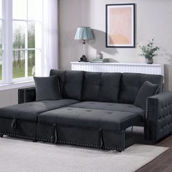 Sectional Convertible Bed , Black Velvet, New Especial Price 