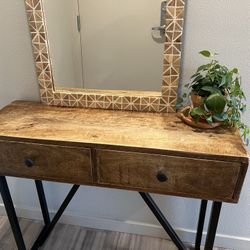 HomeRoots 36" Natural and Black Solid Wood Distressed Frame Console Table With Storage