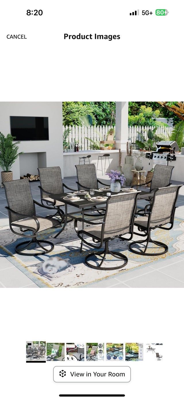 Patio Dining Set 7 Pieces Outdoor Metal Furniture Set, 6 x Patio Dining Swivel Chairs Padded with 1 Table 6 Person for Lawn Garden