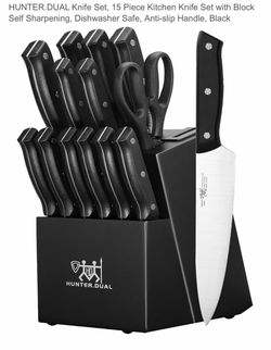 HUNTER.DUAL Knife Set, 15 Piece Kitchen Knife Set with Block Self Sharpening, Dishwasher Safe, Anti-slip Handle, Black