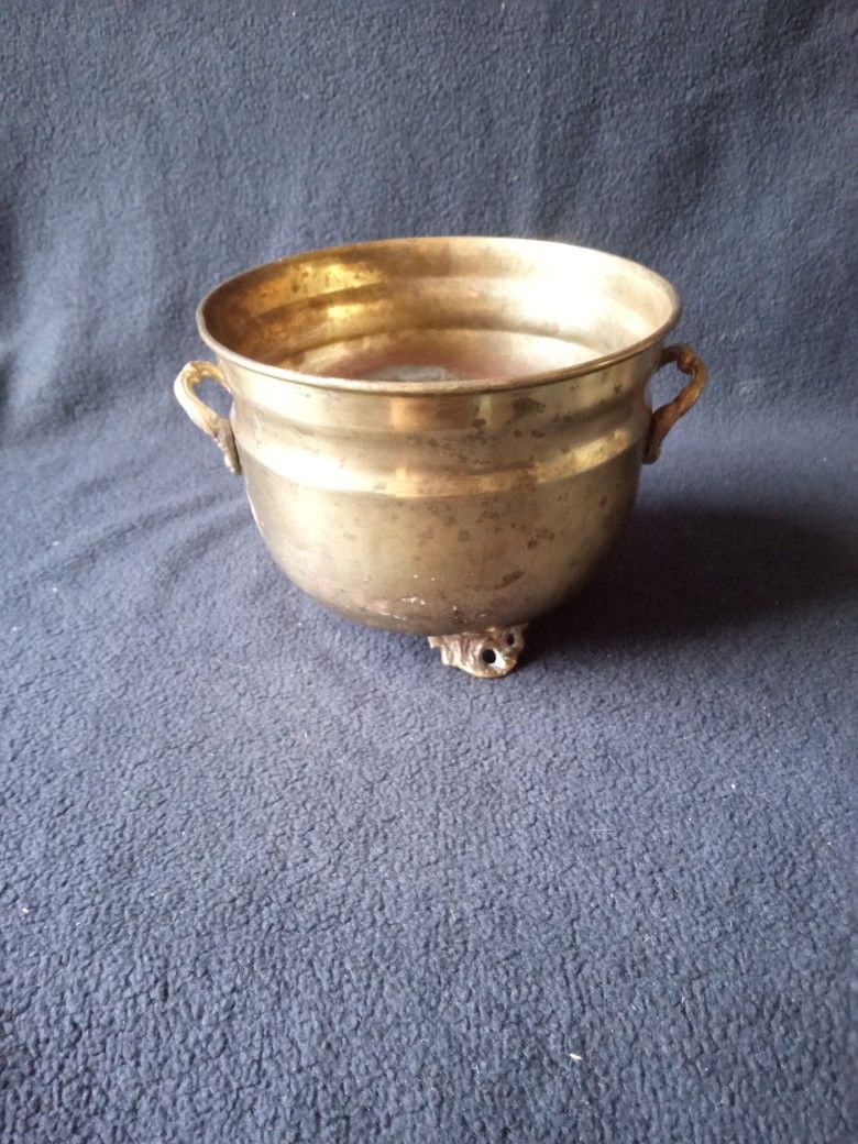 VINTAGE SOLID BRASS FLOWER POT PLANT CONTAINER Round 2 Handle 3 Footed 5.5"x4.5"
