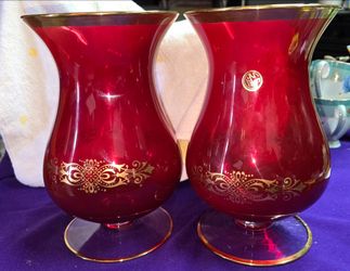 Set of 2 Vintage SC Line Ruby Red Crystal Vases Made in Italy 24K Gold Encrusted Italian Art Glass CR1V015