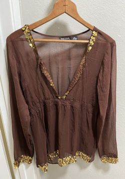 Y2K Wet Seal Brown Long Sleeve 100% Silk Sequin Blouse Top M