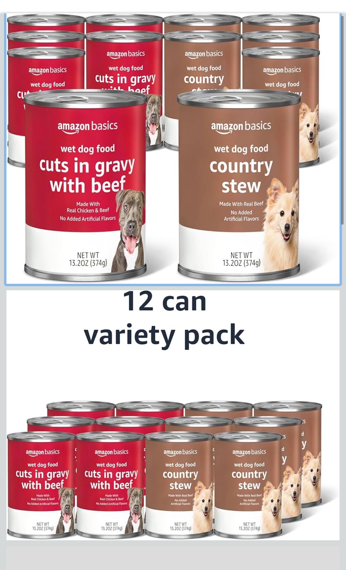 New Amazon Basics Wet Dog Food, Country Stew Flavor, Cuts in Gravy with Beef Variety Pack Made with Natural Ingredients 13.2oz Cans Pack of 12