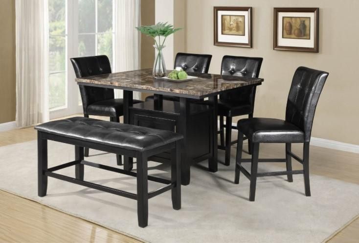 Brand New 6pc Marble Dinning Set With Storage Base In A Black Finish Counter Height