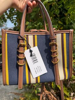 Steve Madden Bbogan Striped Canvas Tote Bag Navy Multi Gold Hardware Crossbody NWT MSRP $98