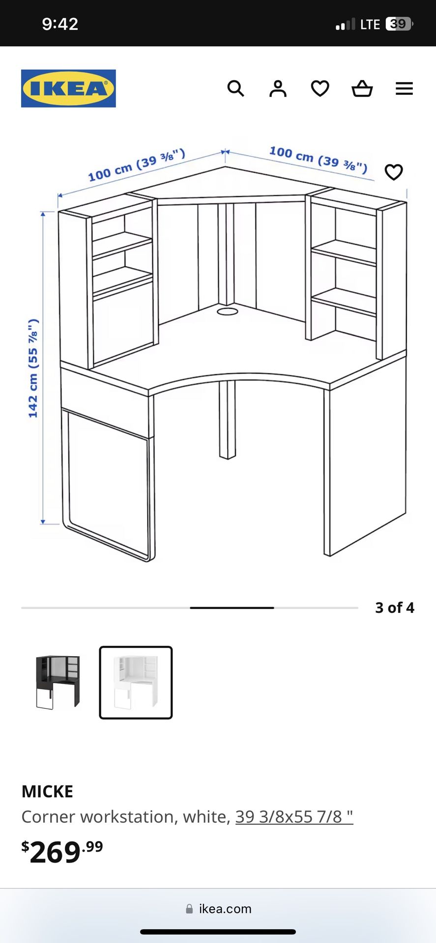 Micke corner 2024 desk dimensions