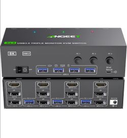 KVM Switch 3 Monitors 3 Computers 8K@60Hz 4K@144Hz, ANGEET HDMI Displayport Triple Monitor KVM Switch, 3 Monitors KVM with 4 USB 3.0 Ports for USB Dev