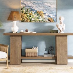 RY0257 70.9-Inch Long Console Table, 2-Tier Narrow Sofa Table Behind The Couch for Living Room, Entryway, Hallway (Natural)