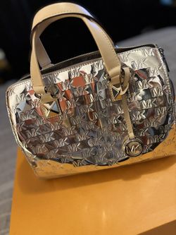 Michael Kors Metallic Silver Satchel with Tan handles