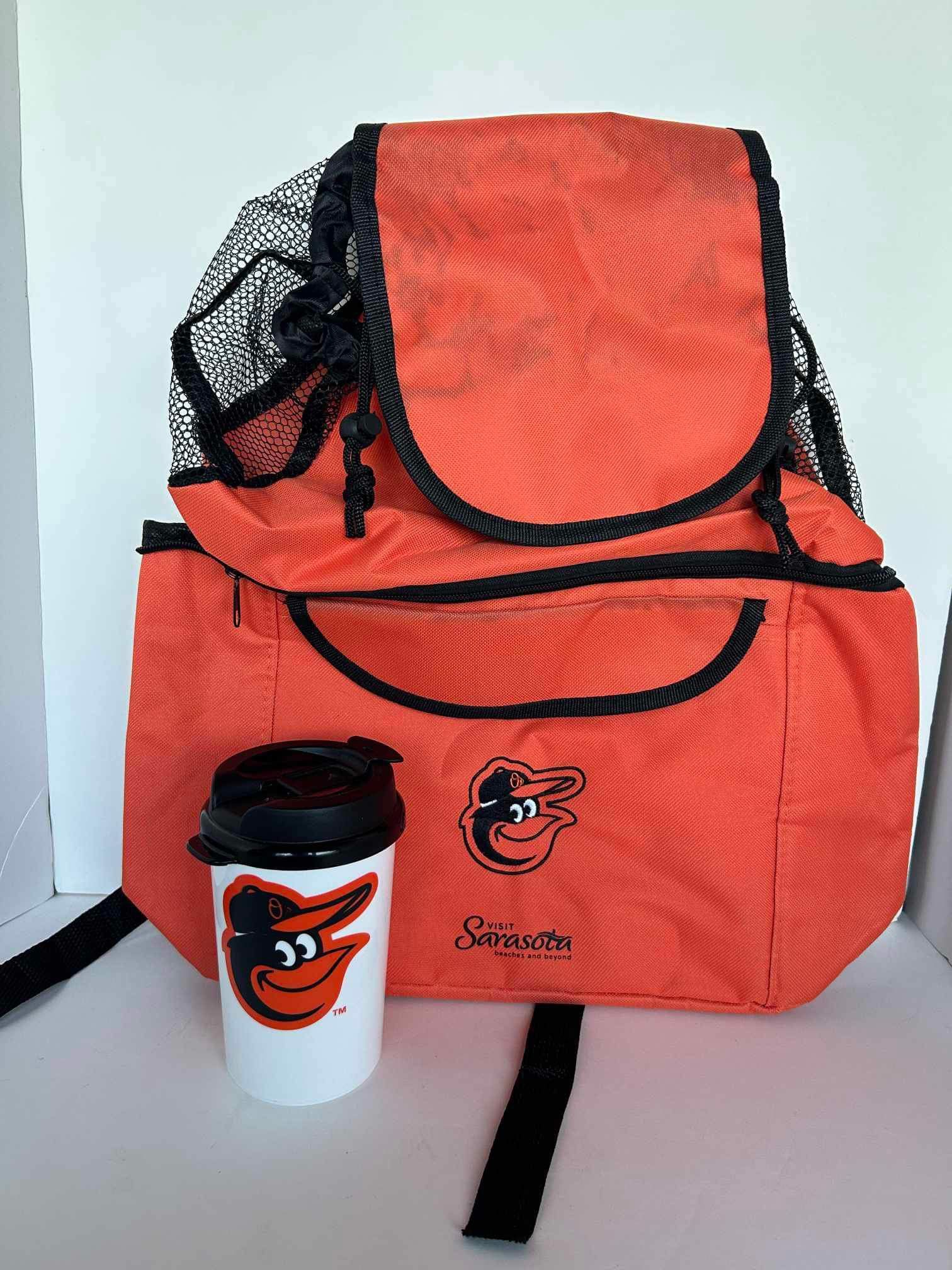 Baltimore Orioles Bookbag Orange Visit Sarasota Insulated Backpack and Lidded Cup