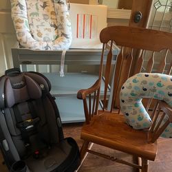 Solid oak rocking chair, Graco baby changing table, car seat, boppy nursing pillow(washable cover), portable bed(washable cover)
