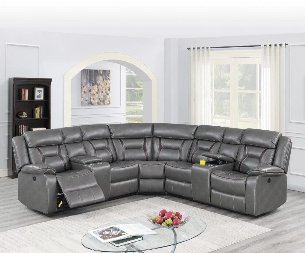 Brand New Grey Leather Power Reclining Sectional Sofa