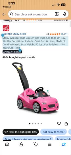 Step2 Whisper Ride Cruiser Pink Toddler Push Car and Ride-On for Toddlers, Includes Storage, Cup Holders, and Safety Features