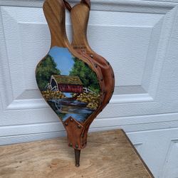 Vintage Tole Style Hand Painted Wood Leather & Brass Fireplace Bellows