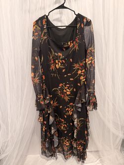 Black Floral Maxi Dress with Sheer Ruffle Sleeves