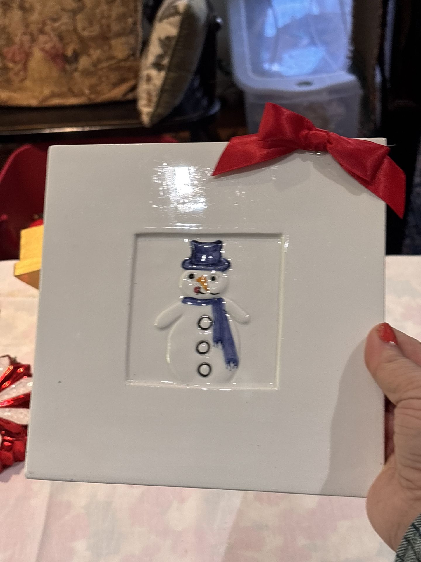 christmas decor snowman trivet made in Italy white tile