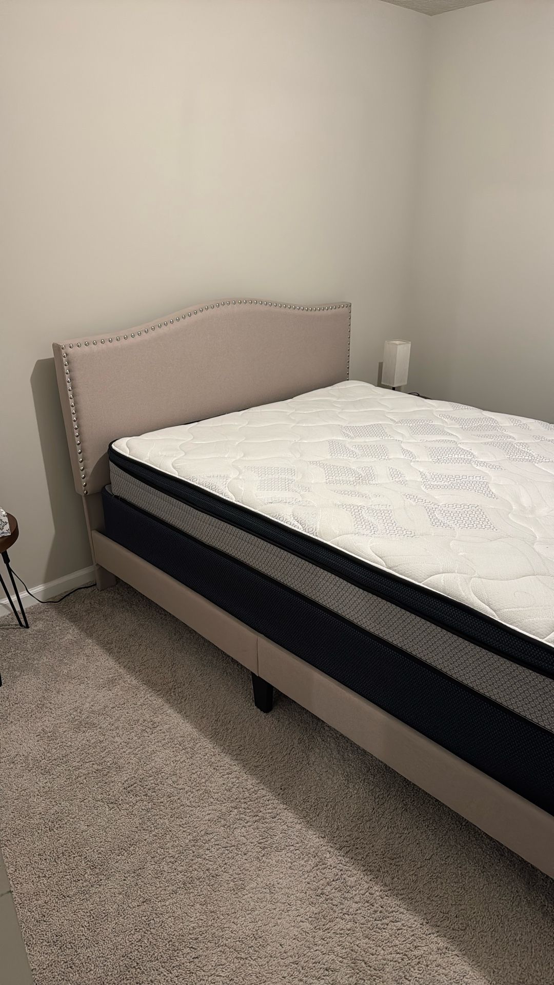 Like-New Modern Upholstered Bed Set (Frame, Mattress, Foundation) - Queen, Neutral Gray/Pink, $350 OBO