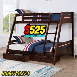 Twin/Full Expresso Bunk bed w. Drawers & Ortho Mattresses Included 