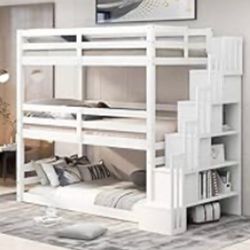 Triple Bunk Beds w/ Wood Stairs, Twin Over Twin Bunk beds w/ Shelfs