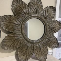 25” Metal Leaf Sunburst Wall Mirror Rustic Bronze Floral Frame Decor Sunflower
