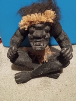 Vintage Wood Carved Tribal Man Statue Primitive Folk Art 