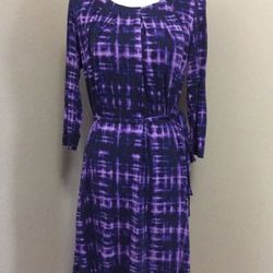 Vera Wang Simply Vera Purple Blue Tie Dye 3/4 Sleeve Tie Waist Dress XS