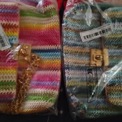 Set of 2 Colorful Straw Chain Handbags