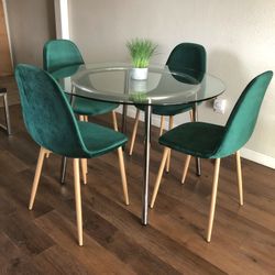 Round Glass Dining Table and Velvet Chairs
