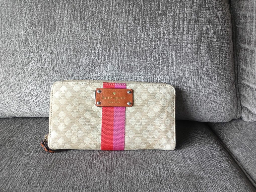 Kate Spade New York Gray Brown Canvas Striped Zip Around Credit Card Long Wallet