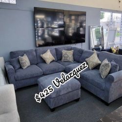 ✅️✅️ 4pc dark Grey corduroy fabric sectional sofa with rounded arms and ottoman ✅️✅️
