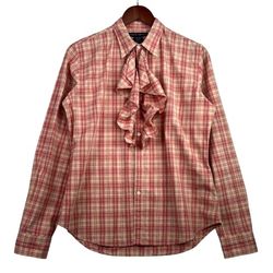Ralph Lauren Check Ruffled Shirt Blouse Long Sleeve Pink Size LARGE 