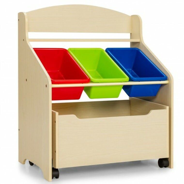 JL22-J5 ......Kids Wooden Toy Storage Unit Organizer With Rolling Toy Box And Plastic Bins-Natural

