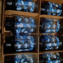 Vintage Libbey Hostess  Blue Floral Drinking Glasses Blue Onion NIB  