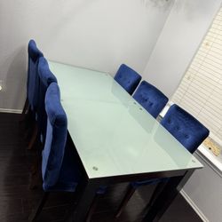 Luxurious 6-Chair Extendable Glass Dining Set – Blue Velvet Chairs
